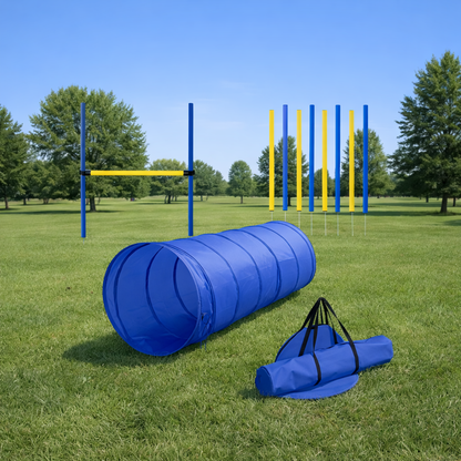 Dog Agility Training Set with Tunnel, Weave Poles, Jump Hurdle & Pause Box