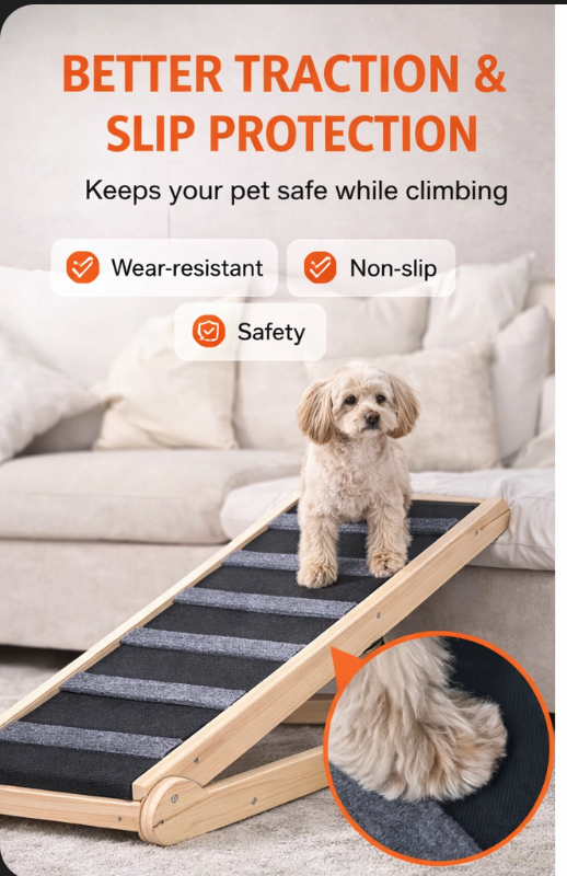 Foldable Wooden Pet Ramp – Adjustable Height for Beds & Couches