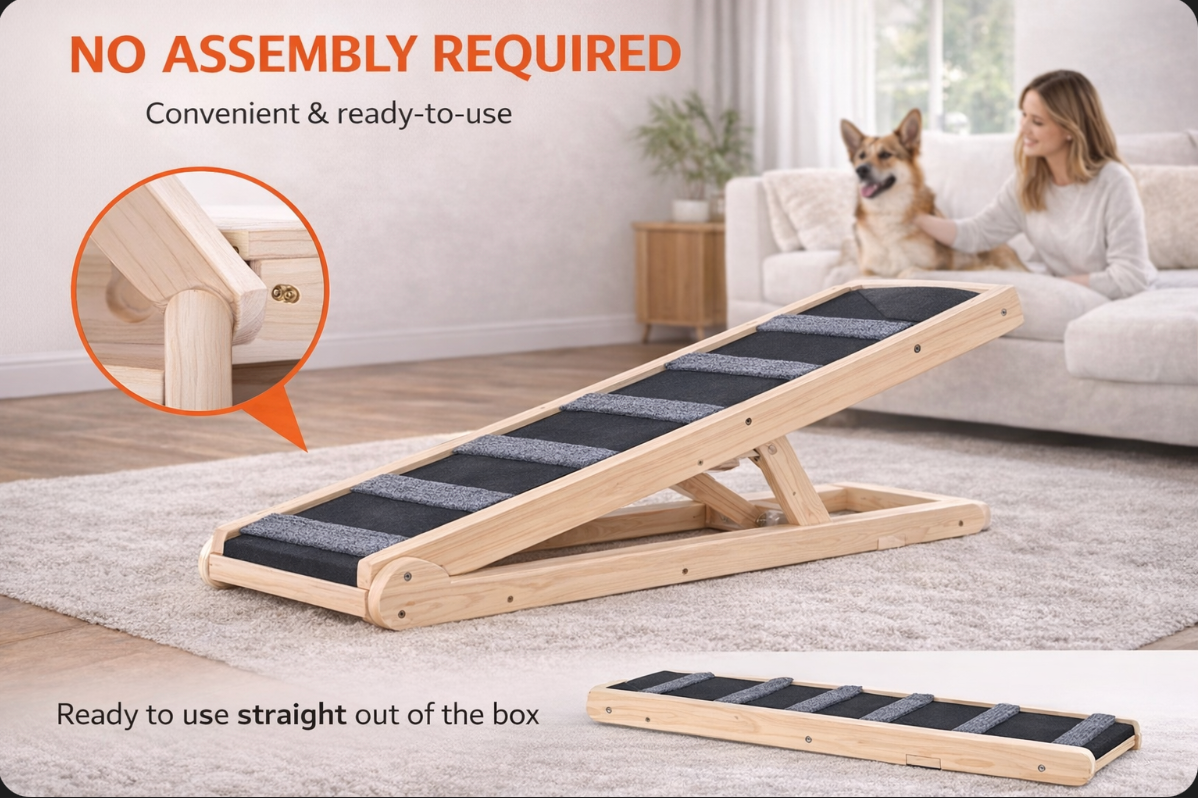 Foldable Wooden Pet Ramp – Adjustable Height for Beds & Couches