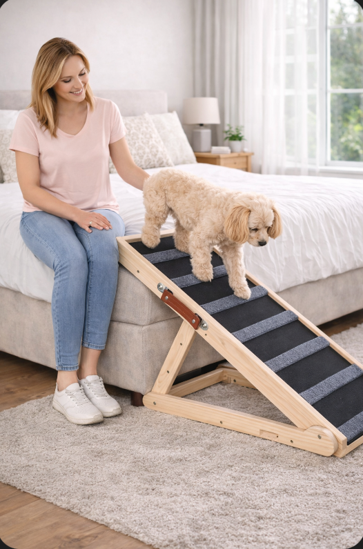 Foldable Wooden Pet Ramp – Adjustable Height for Beds & Couches