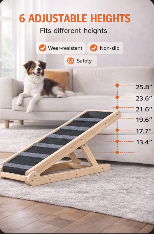 Foldable Wooden Pet Ramp – Adjustable Height for Beds & Couches