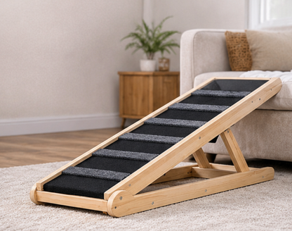 Foldable Wooden Pet Ramp – Adjustable Height for Beds & Couches