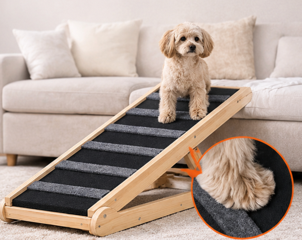 Foldable Wooden Pet Ramp – Adjustable Height for Beds & Couches