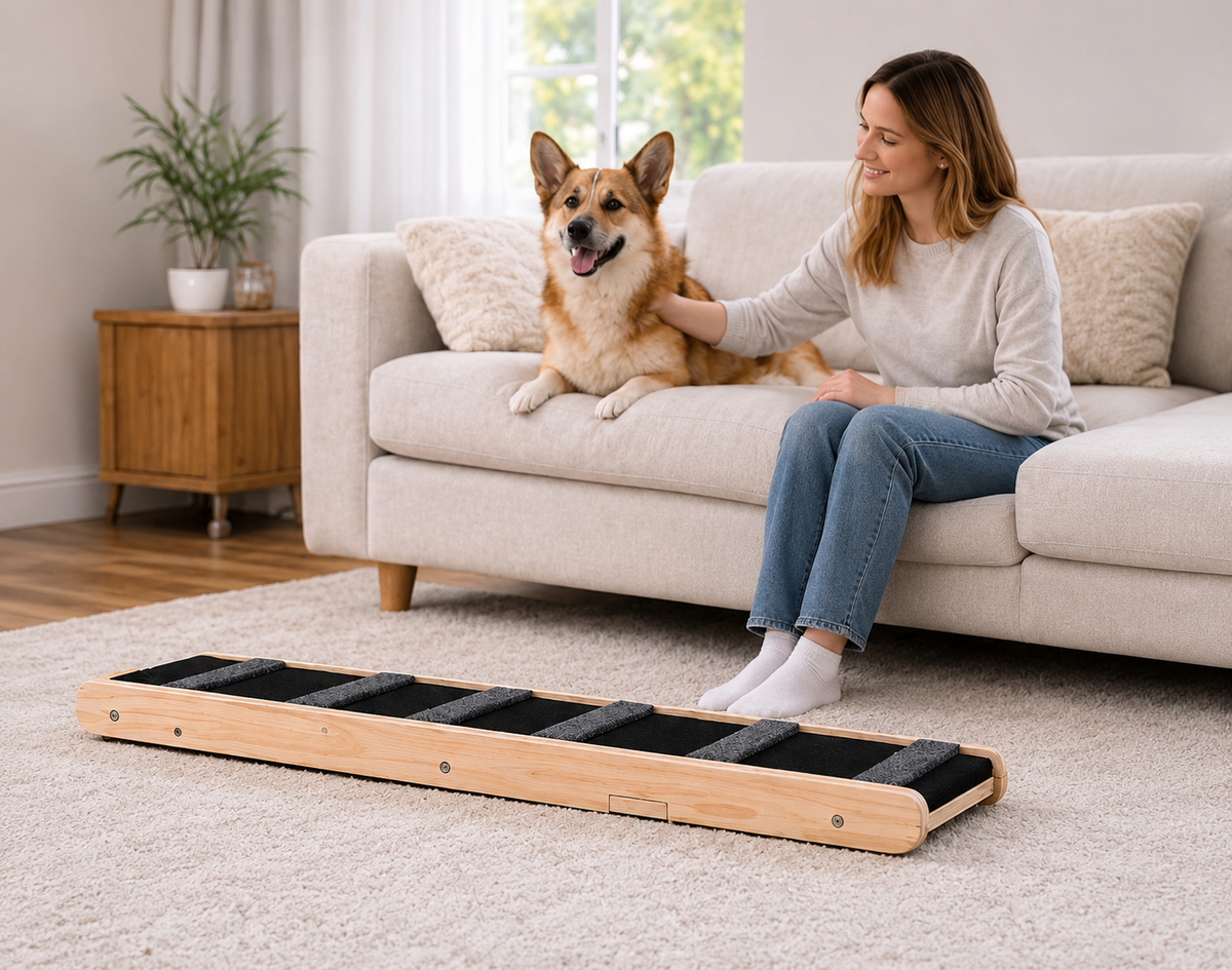 Foldable Wooden Pet Ramp – Adjustable Height for Beds & Couches